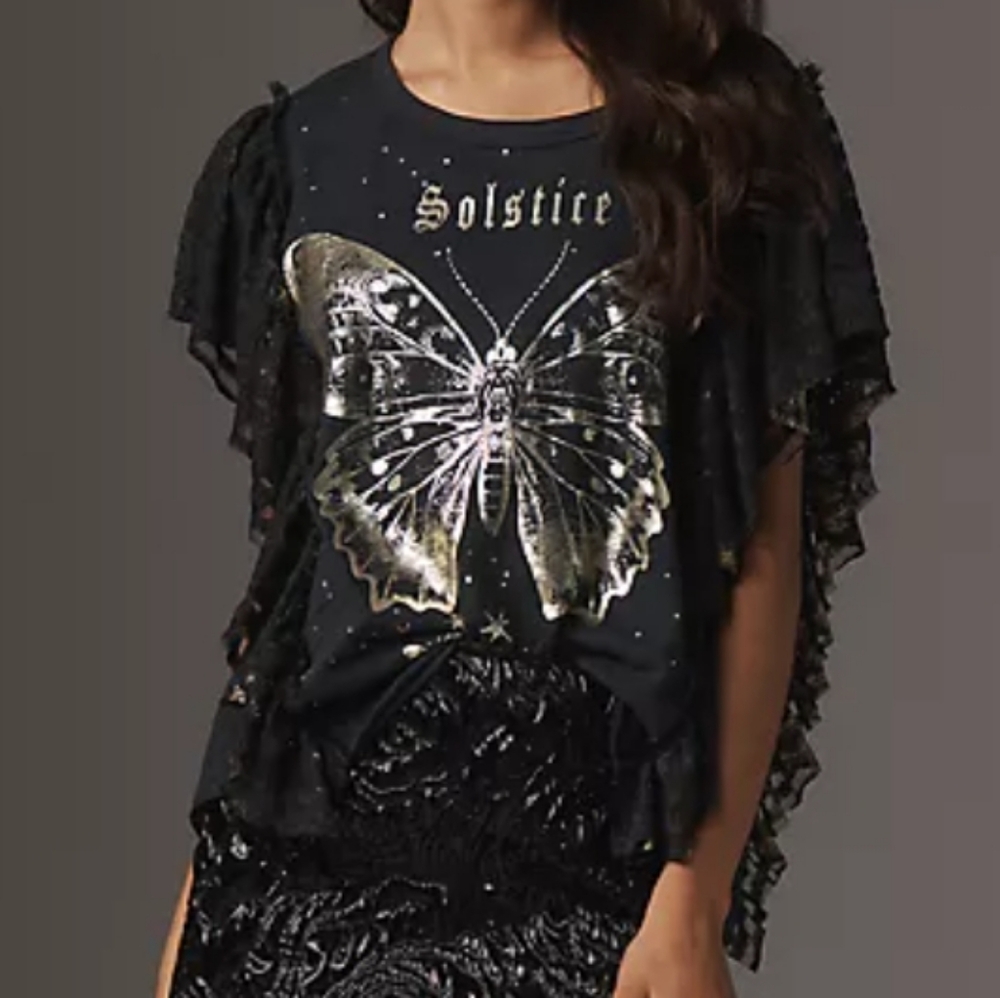 Anthropologie PILCRO M Gold Solstice Butterfly Print Ruffle T-Shirt NWT NEW